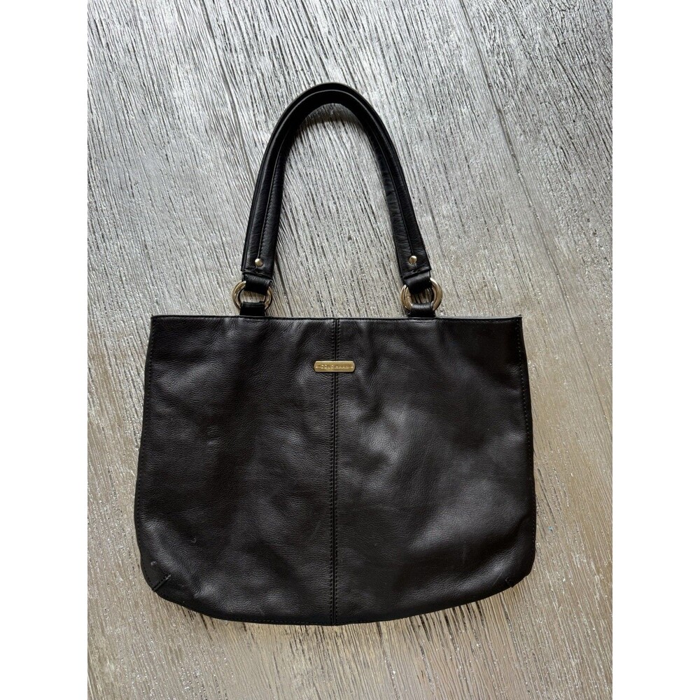 Cole Haan Black Leather Tote Shoulder Bag Gold Hardware 14" H x 11”W Tan Inside